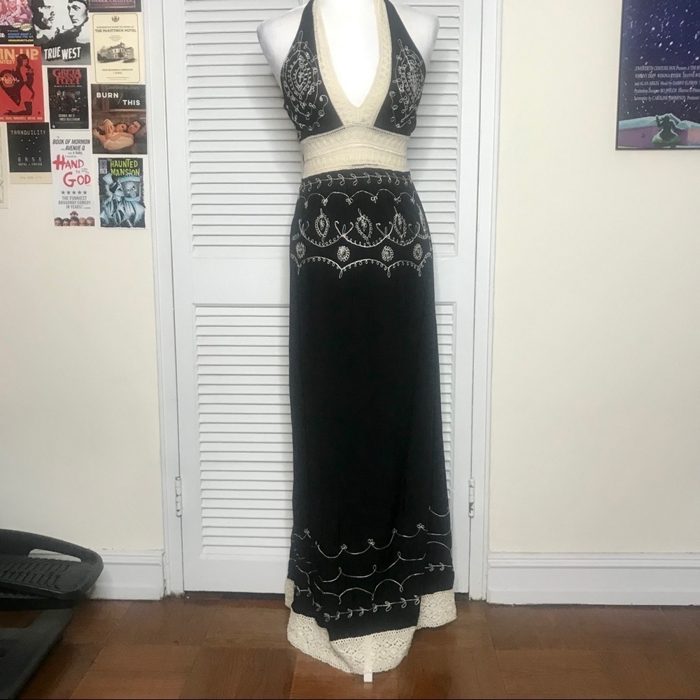 Black halter maxi dress white embroidered detail